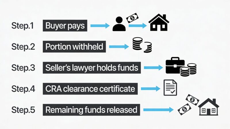 Icon-based diagram explaining non-resident seller withholding: buyer pays, portion withheld, seller’s lawyer holds funds, CRA issues clearance certificate, balance released to seller.